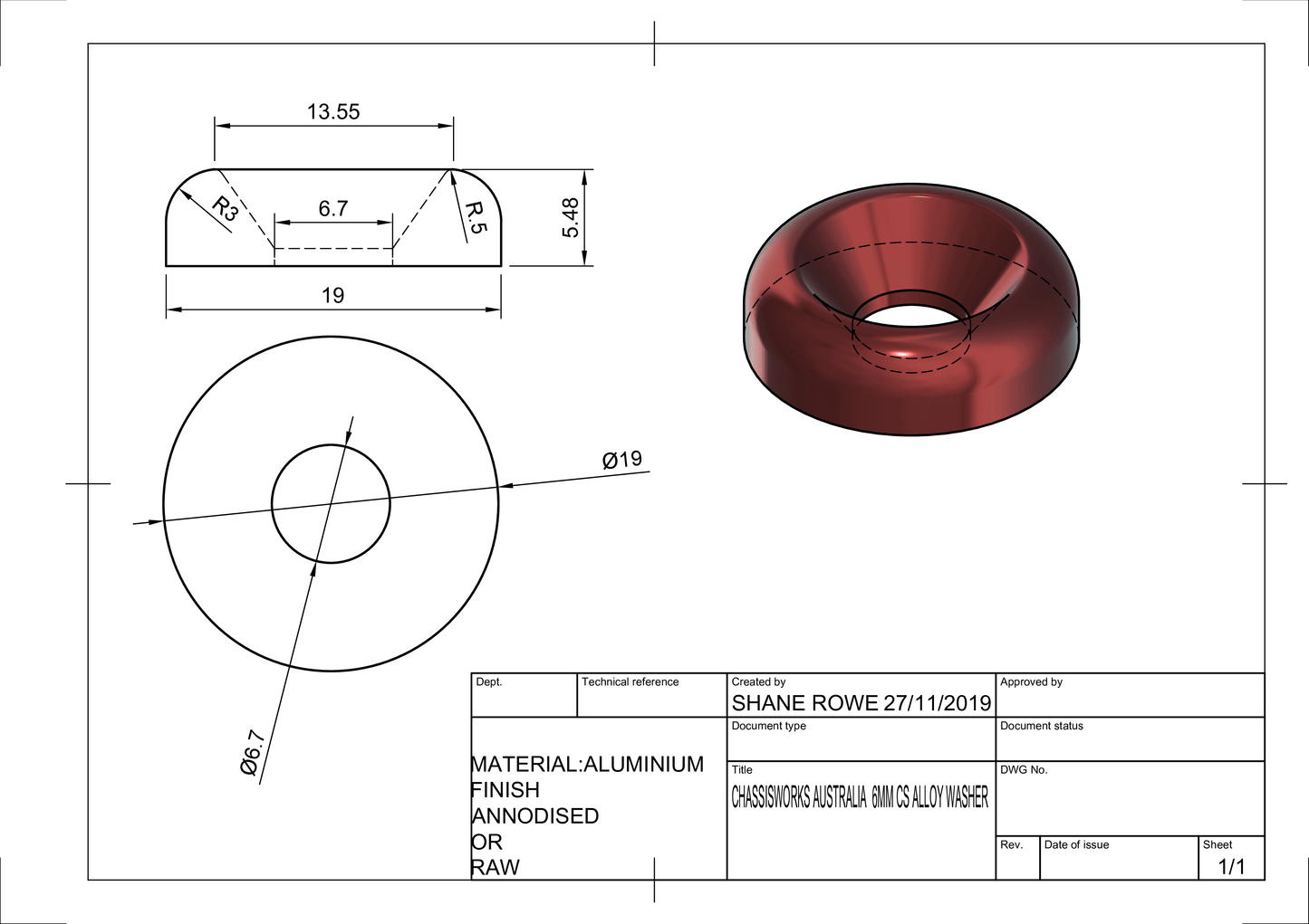 Billet Aluminium Fender Washer and ss Bolt Button head and countersink style - 10 Pack