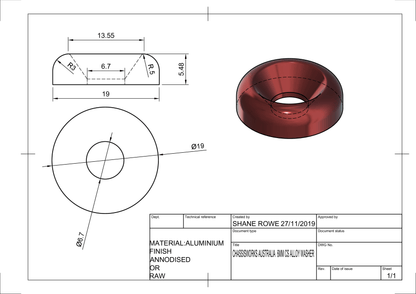 Billet Aluminium Fender Washer and ss Bolt Button head and countersink style - 10 Pack