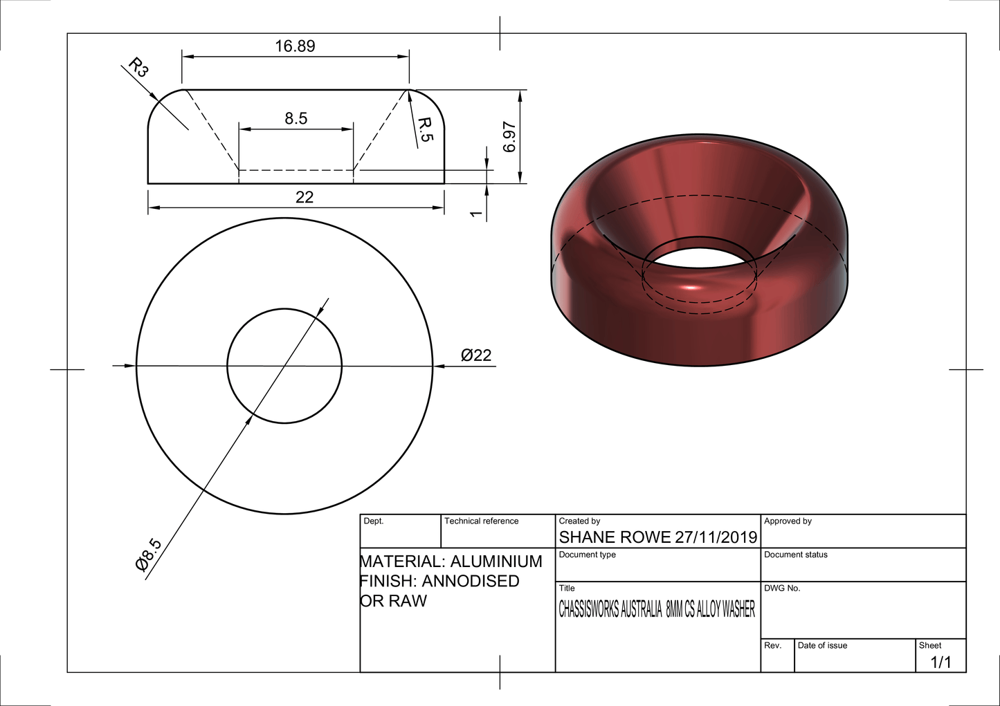 Billet Aluminium Fender Washer and ss Bolt Button head and countersink style - 10 Pack