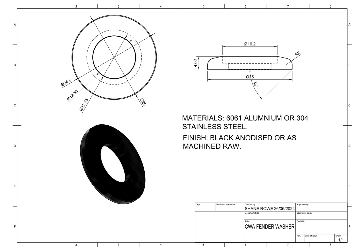 Billet Aluminium Fender Washer and ss Bolt Button head and countersink style - 10 Pack
