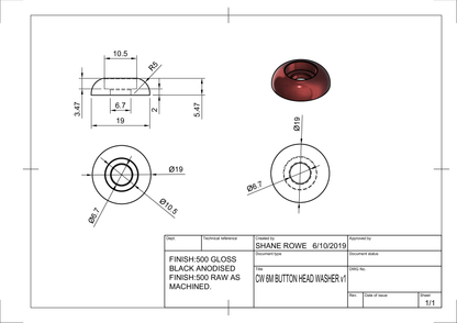 Billet Aluminium Fender Washer and ss Bolt Button head and countersink style - 10 Pack