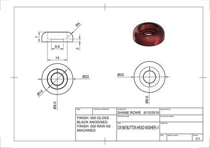 Billet Aluminium Fender Washer and ss Bolt Button head and countersink style - 10 Pack